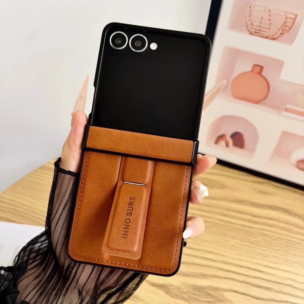 Luxury Retro Cowhide Pattern Folding Stand Case for Samsung Galaxy Z Flip 8 ZFlip 3 4 5 6 7 8 Leather Hinge All-inclusive Cover