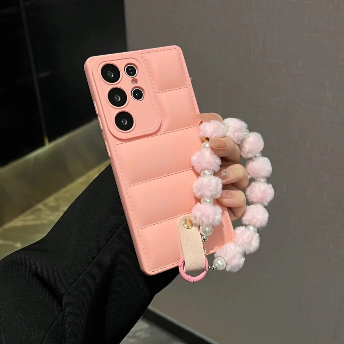 Down Jacket Style Phone Case with Plush Pearl Wrist Strap For Samsung Galaxy S26 S25 S24 Ultra S23 FE S22 S21 Plus A17 A07 A56