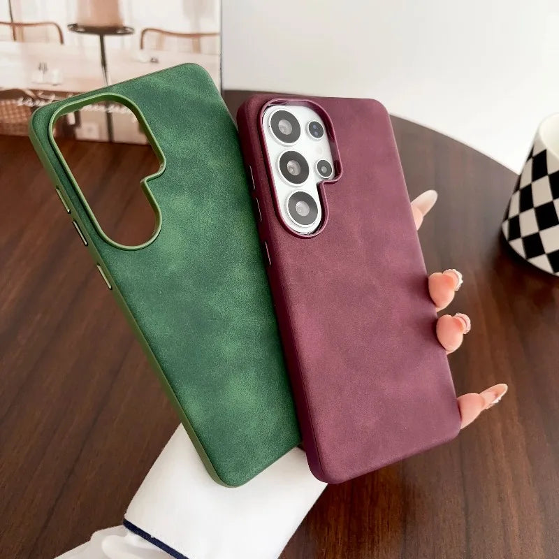 Fashion Lambskin Leather Texture Matte armor Case For Samsung S26 Ultra S25 S24 S23  Plus Lens Shockproof Phone Protect Cover