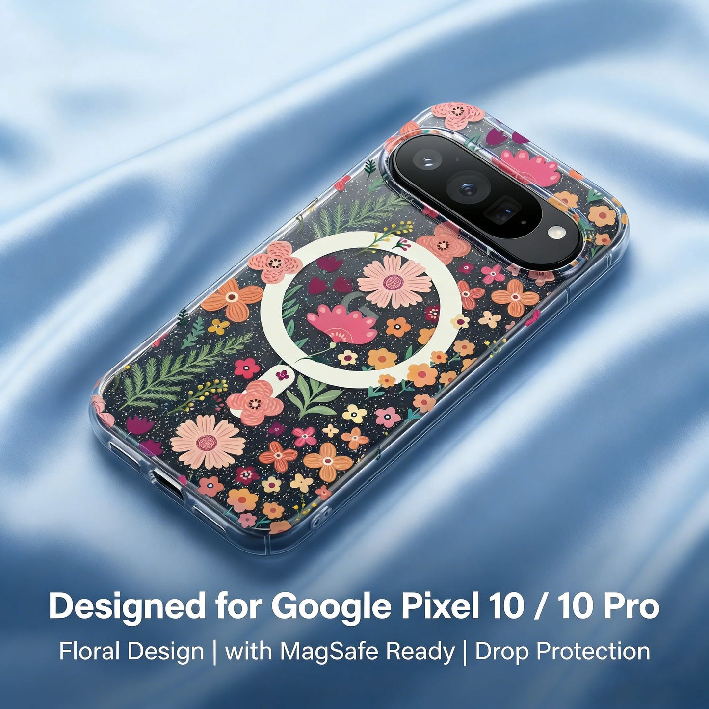 For Google Pixel 10ProXL 9ProXL 9/10Pro 10A 9A Phone Case, IMD Floral Transparent Glitter Gradient Blue Light Shockproof Cover.