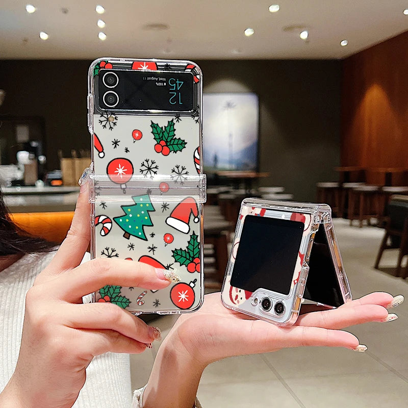 Christmas Print Transparent Phone Case For Samsung Galaxy Z Flip 7 FE 6 5 4 3 5G Folding Hard PC Cover For Samsung Z Flip7 Flip6