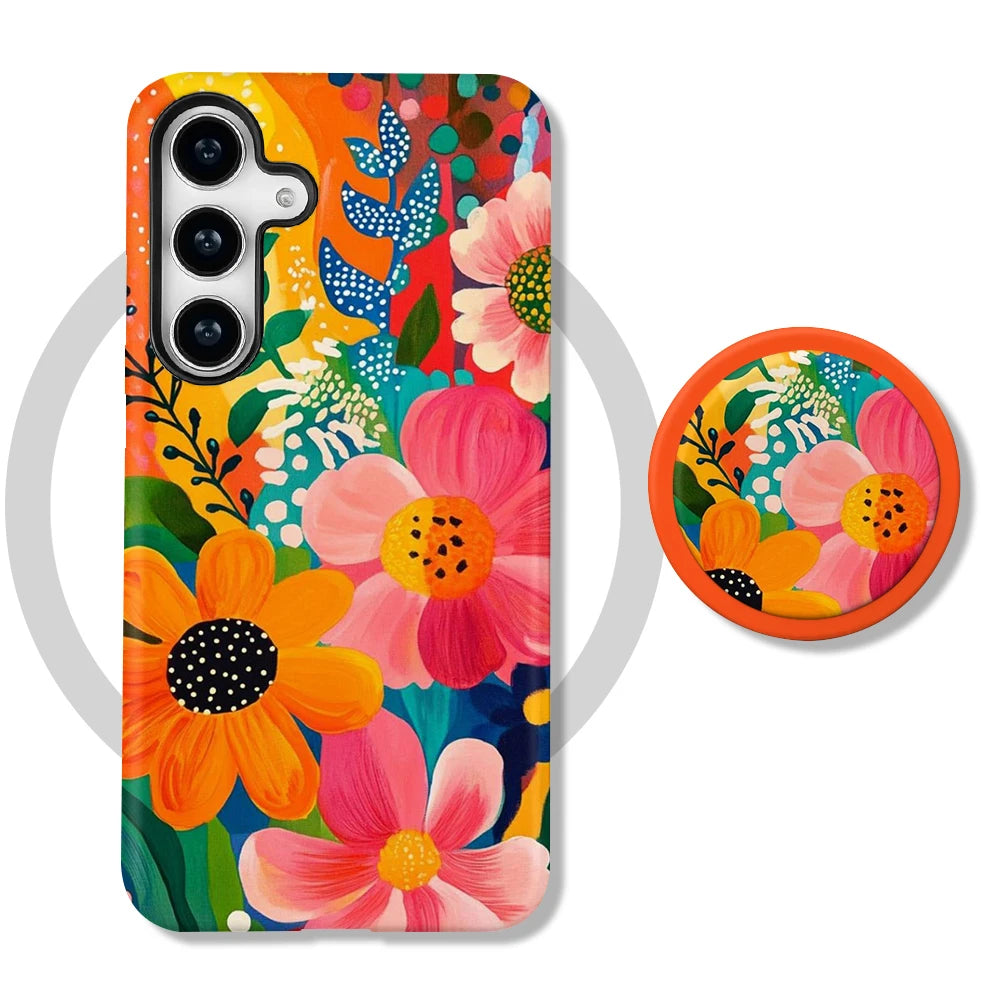 Magnetic Flower Case For Samsung S26 S25 S24 S23 S22 S21 Plus Ultra 20 FE A15 A16 A26 A36 A56 17 2 in 1 Phone Holder Stand Cover