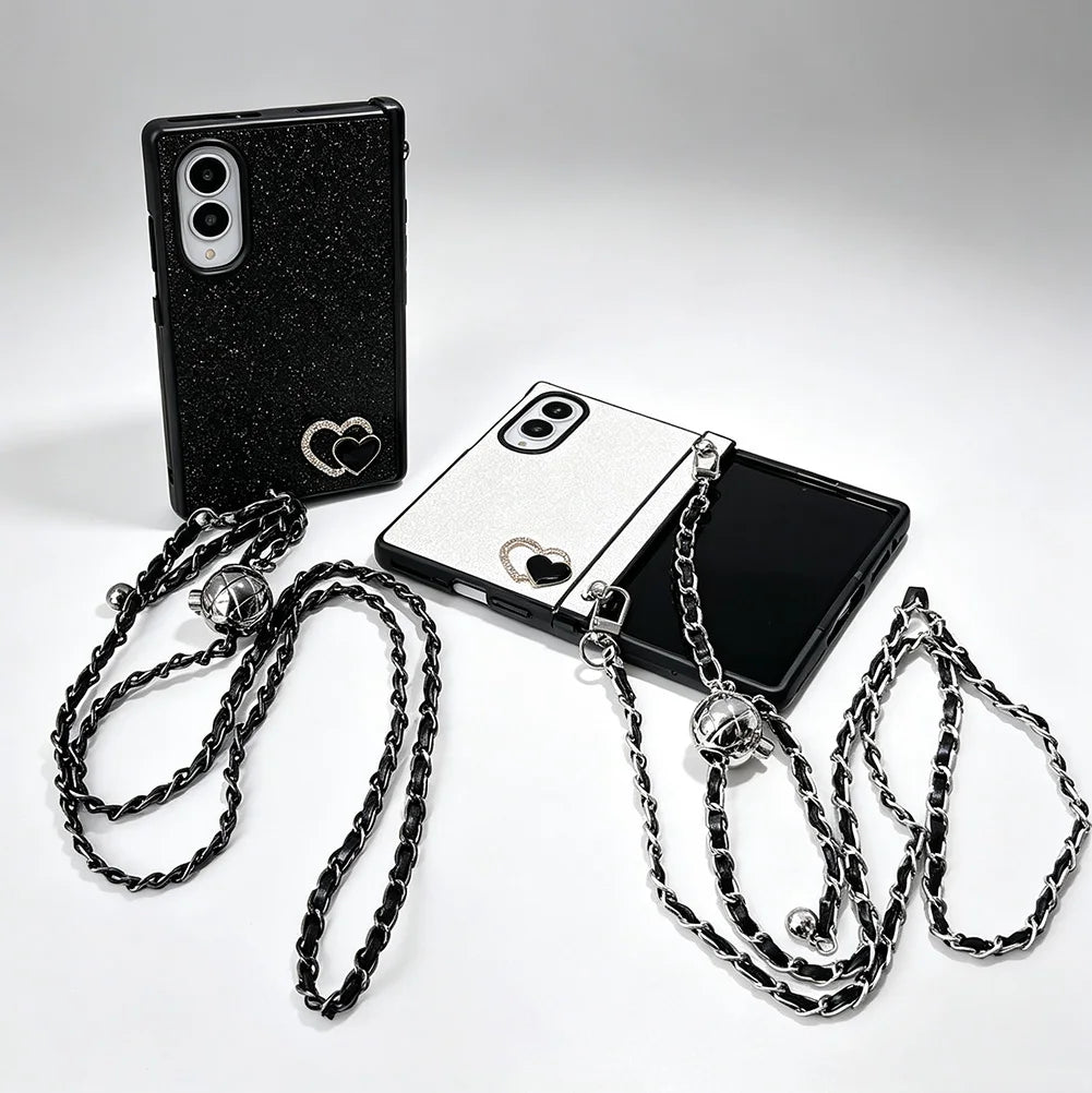 Rhinestone Love Adjustable Long Crossbody Lanyard Case For Samsung Fold 8 Ultra Fold8 Galaxy Z Fold 7 6 5 4 Protective Cover
