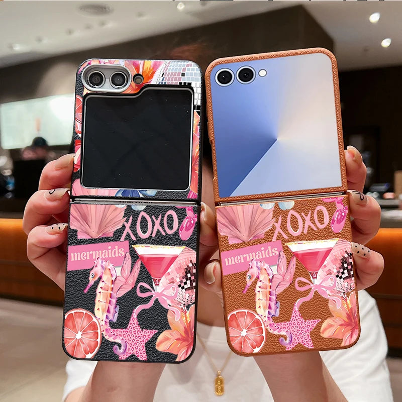 Shell Flower Print Phone Case For Samsung Galaxy Z Flip 7 FE 6 5 4 3 Folding Leather Texture Soft TPU Cover For Samsung Z Flip7