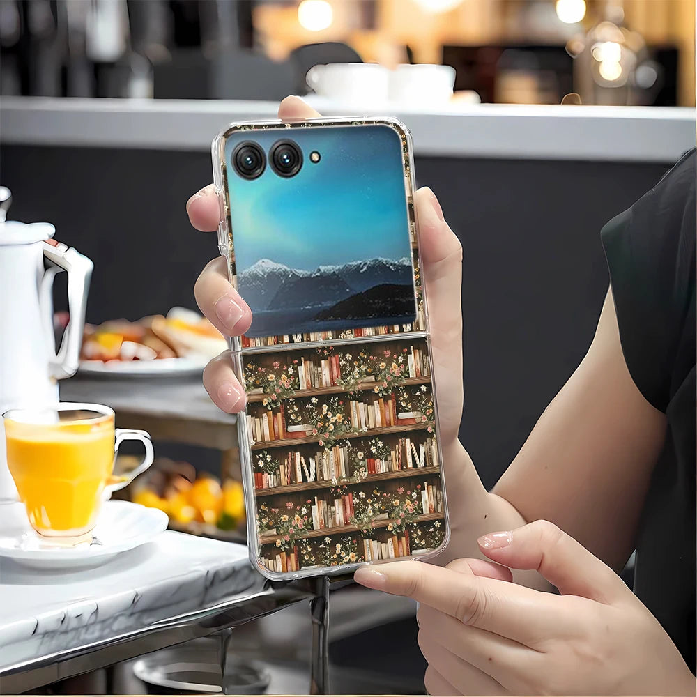 Vintage Magic Bookcase Painted Clear Hard Phone Case For Motorola Razr 60 50 40 Ultra Razr Plus 2025 2024 2023 Bumper Cover