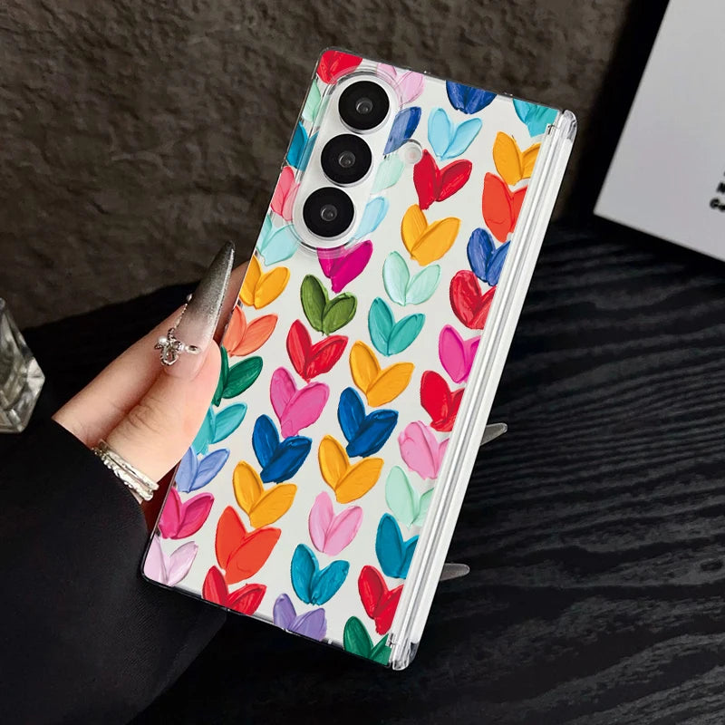Magnetic Adsorption Clear Phone Case For Samsung Galaxy Z Fold 7 6 5 Fold7 Fold6 Fold5 5G Colorful Love Heart Pattern Hard Cover