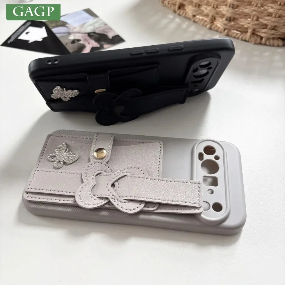 Polka Dot texture Wrist Wallet Card Bag Holder Butterfly Phone Case For Google Pixel 10 Pro 9 9A 6 7 Pro 8 10A Shockproof Cover