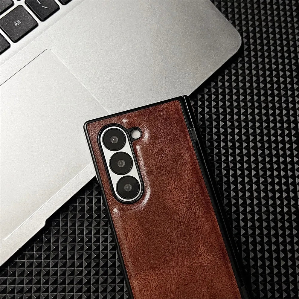 Retro Leather Hard Shell Shockproof Phone Case for Samsung Galaxy Z Fold 6 5 4 3 Fold6 Fold5 Fold4 Fold3 Hinge Protective Cover