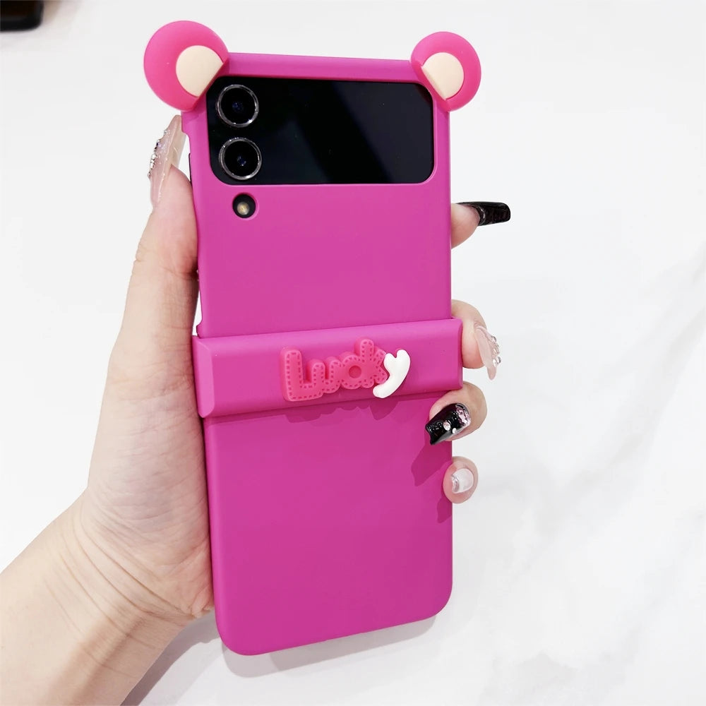 Korean Cute Pink Bear Ear Lucky Phone Case For Samsung Galaxy Z Flip 6 Zflip5 Cartoon For Z Flip3 Flip4 Hinge Protective Shell