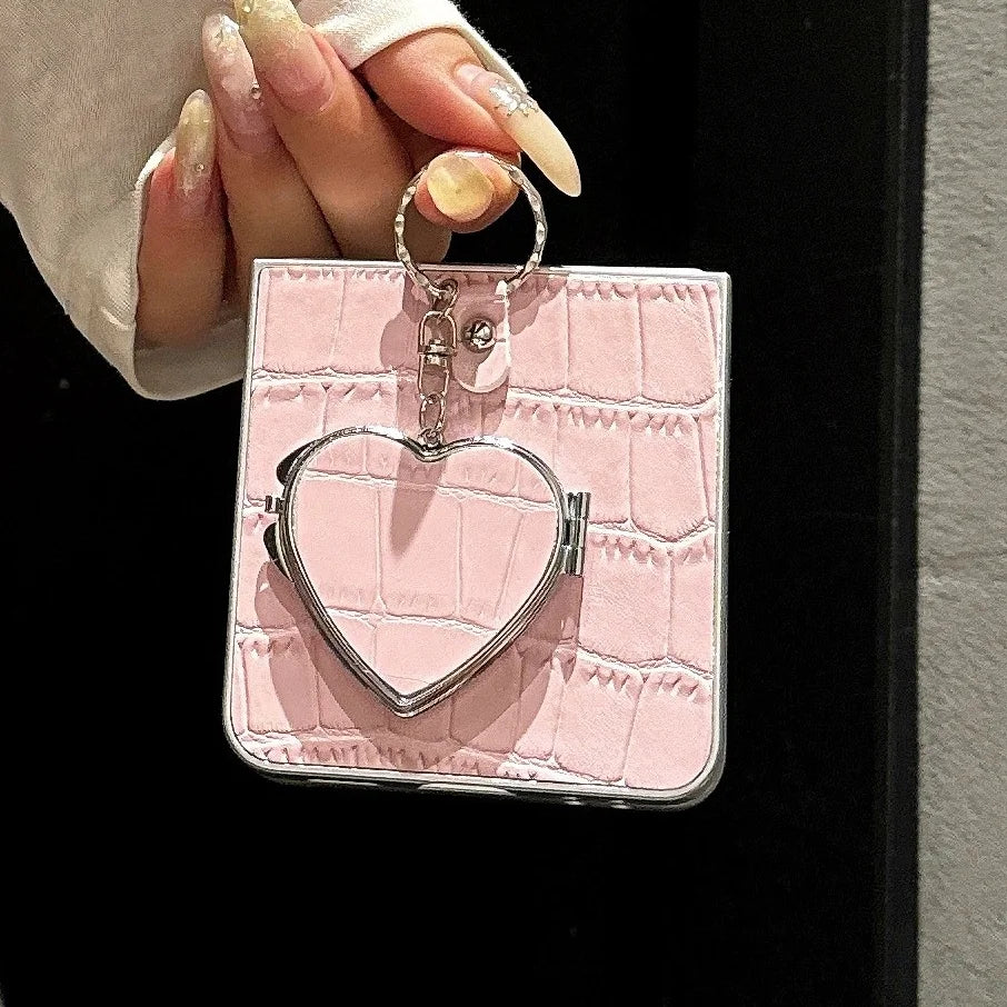 Crocodile Patterned Leather Case For Samsung Galaxy Z Flip 8 Heart Make up Miroor Cover For Samsung ZFlip7 Z Flip 6 5 4 3 Cover