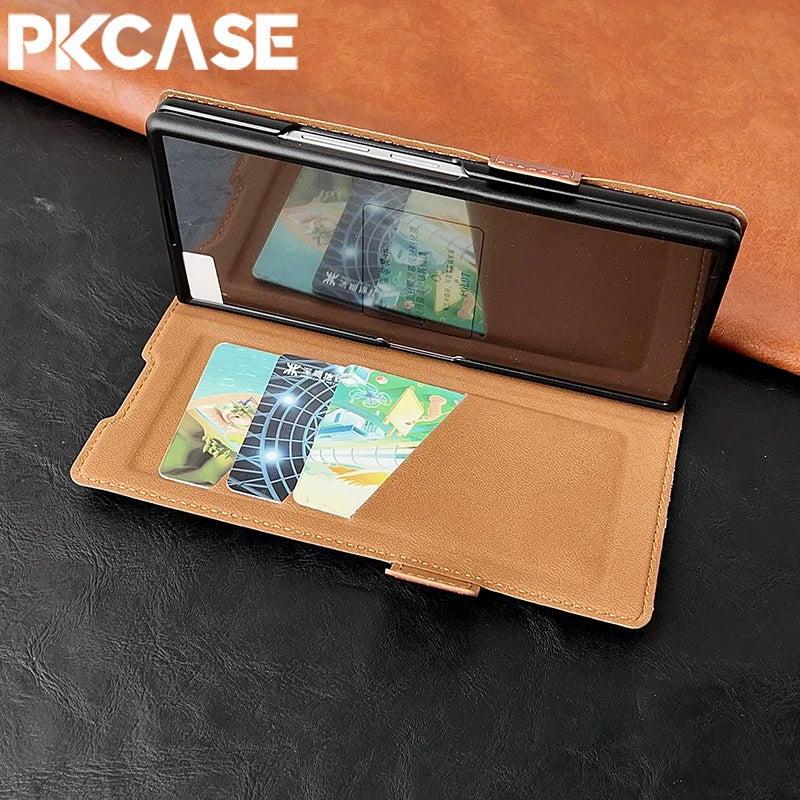 PKCASE Leather Magnetic Clasp Card Slot Wallet Phone Case For Samsung Galaxy Z Fold 7 6 5 4 3 Shockpoof Wristband Bracket Cover