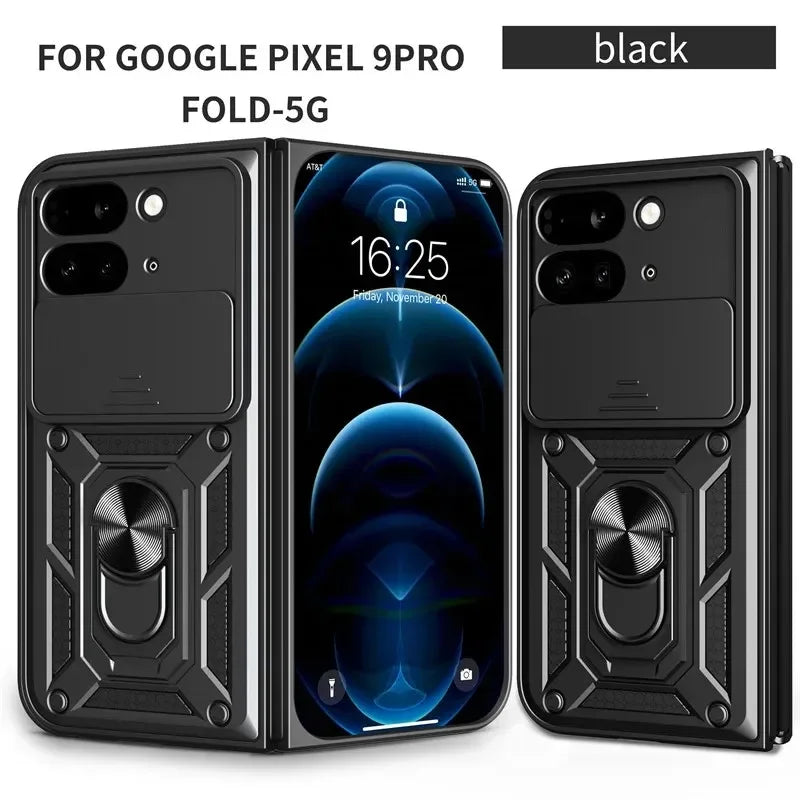 For Google Pixel 9 Pro Fold 5G Phone Case Shockproof Car Magnet Ring Armor Protection Silicone Stand Holder Back Cover Cases