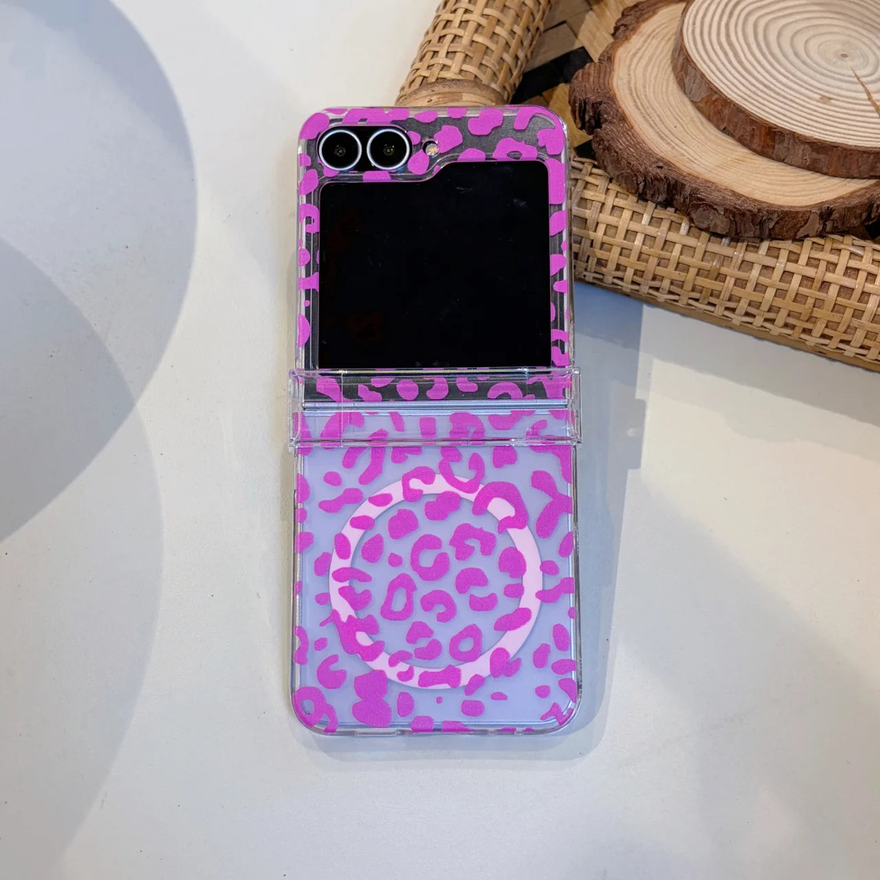 Transparent Leopard Pattern Stand Holder With Bracelet Phone Case For Samsung Z Flip 5 6 7 8 FE Shockproof Protective Cover