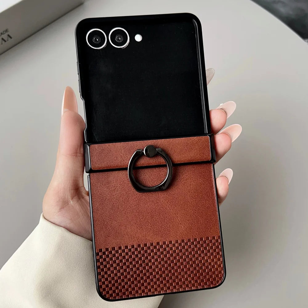 Luxury Leather Lattice Texture With Ring Phone Case For Samsung Galaxy Z Flip 3 4 5 6 7 7FE Hinge Anti-Scratch Back Phone Cover