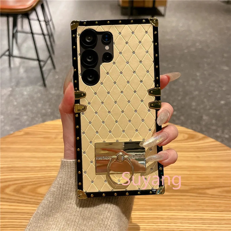 Luxury Diamond Bling Phone Ring Holder Case For Samsung Galaxy S26 S25 Ultra S24 S23 S22 S21 S20 FE S10 Plus Glitter Plaid Cover
