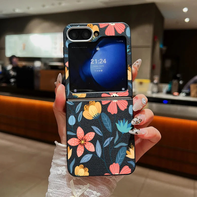 For Samsung Galaxy Z Flip 5 6 4 3 5G Luxury Leather Phone Case Flowers Pattern Soft TPU Folding Cover For Samsung Z Flip4 Flip5