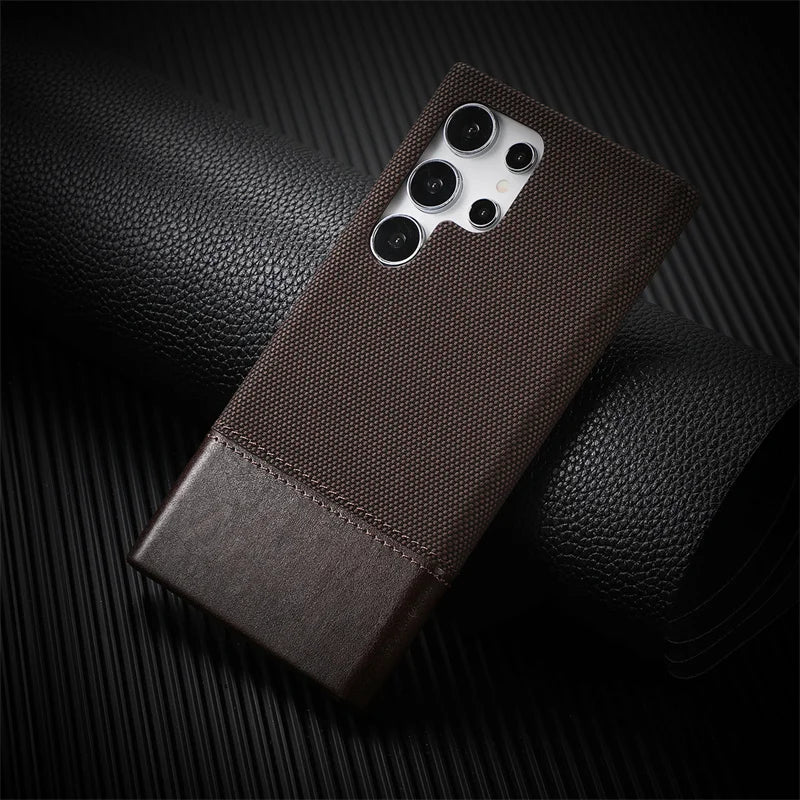 For Samsung Galaxy S23 S24 S25 Ultra Personalised Nylon Fabric Stitched With Leather Case Frameless Cooling Shockproof PC Cover