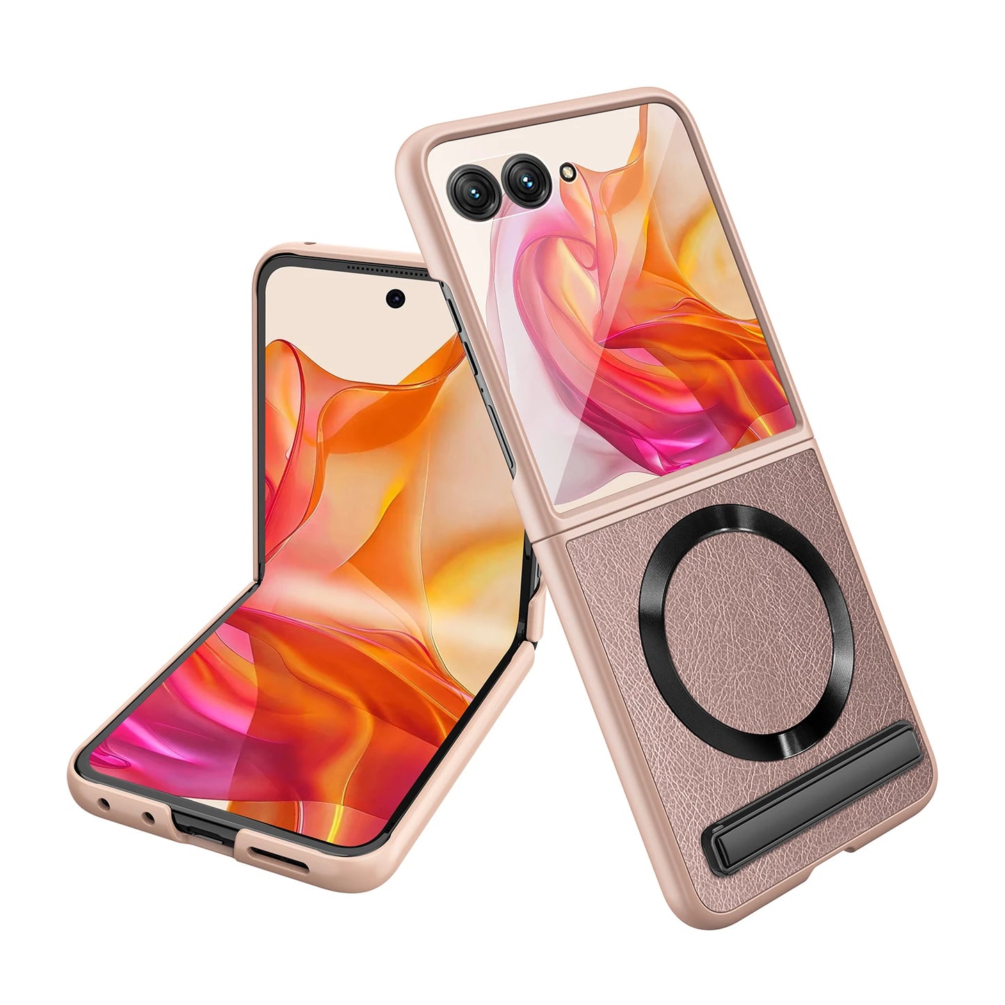 Luxury Leather Magsafe Ring Case For Motorola MOTO RAZR 50 Ultra RAZRPlus 2024 Kickstand Holder Cover 9H HD Glass Film Protector