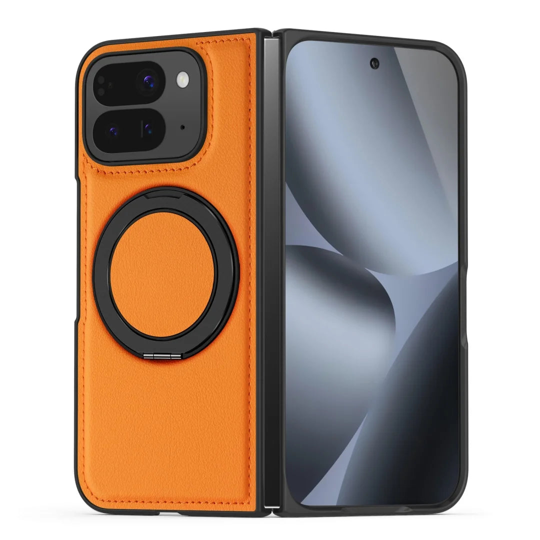 Embossed PU Leather Case For Google Pixel 10 Pro Fold Magnetic 360° Rotation Metal Stand Comfort Grip Case Cover