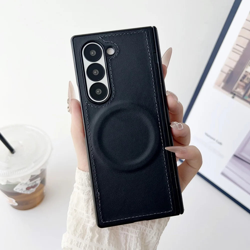 For Samsung Z Fold 7 Leather for Magsafe Wireless Charge Case For Samsung Galaxy Z Fold 7 6 5 4 3 Hinge Protect Armor 2in1 Cover
