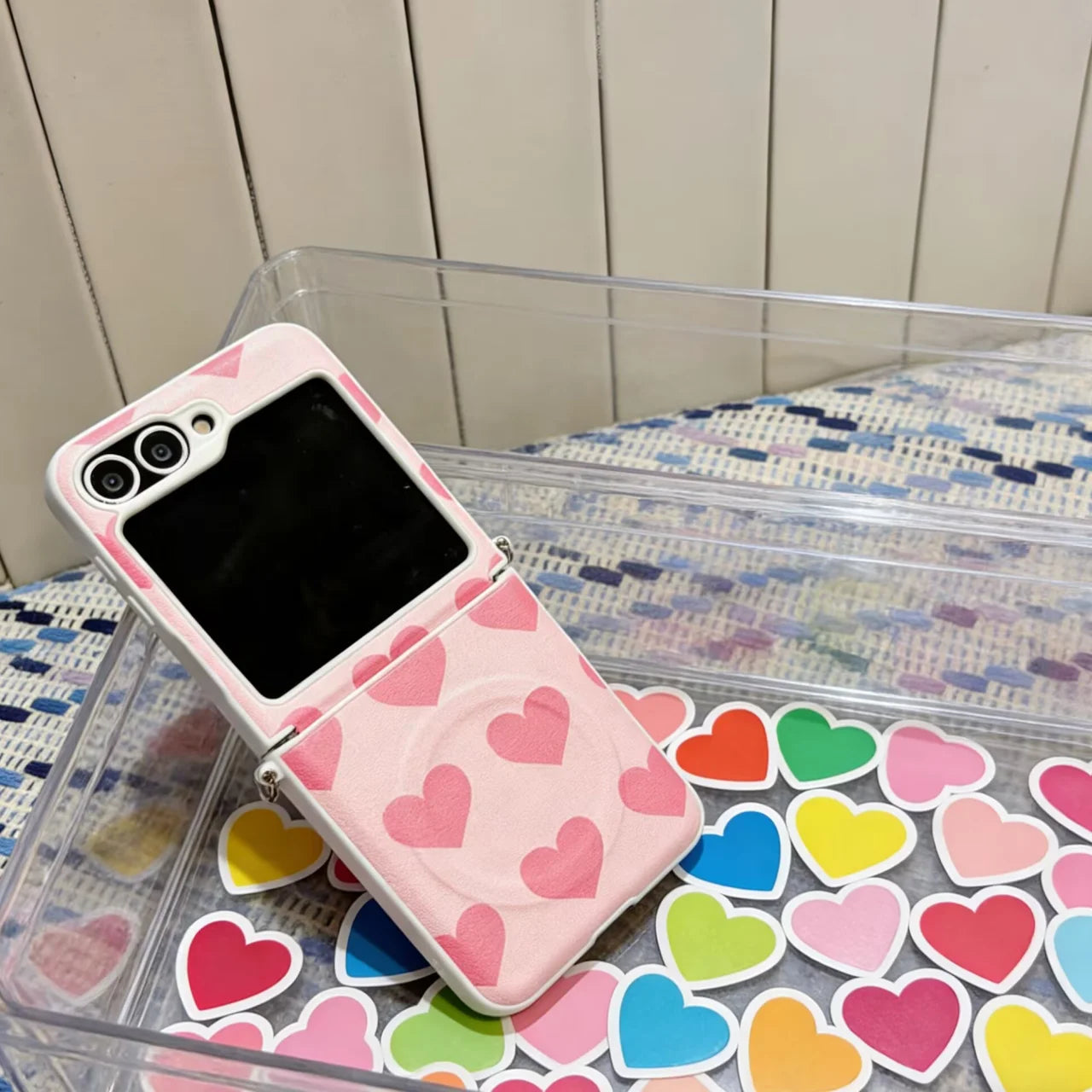 for Samsung Galaxy Z FLIP 7 FE 6 5 flip7 3in1 Rope Strap Magnetic Holder Fold Phone Case Cute Pink Love Heart Cover﻿﻿﻿﻿﻿