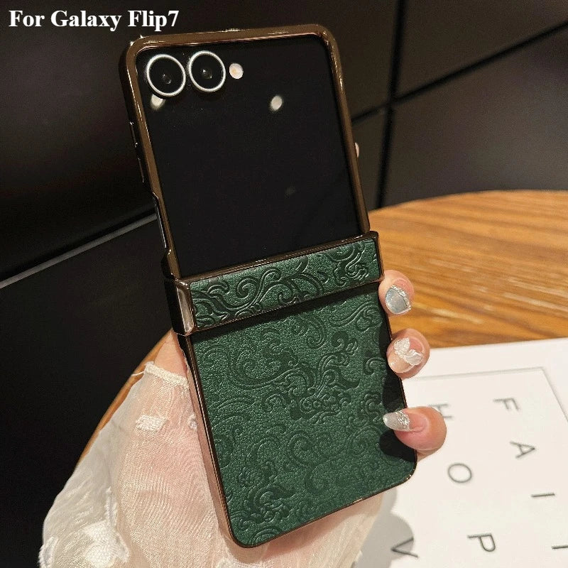 Luxury Dragon Pattern Leather Phone Case For Samsung Galaxy Z Flip 7 FE 6 5 4 3 Flip6 ZFlip7 3-Pieces-Set Plating PC Hinge Cover