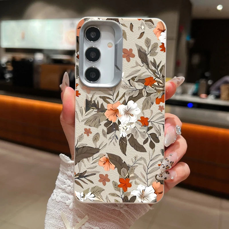 Flower Leaves Case For Samsung Galaxy A55 A35 A25 A15 5G A54 A34 A14 A53 A52 A16 S20 S21 FE S22 S23 S24 Ultra Leather Texture