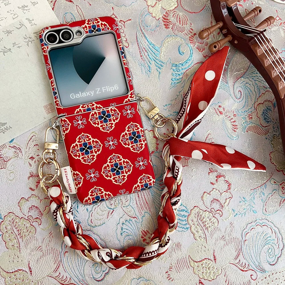 Luxury Embroidery Flowers Phone Case For Samsung Galaxy Z Flip 7 6 5 Flip 7FE Fashion Folding Protection Cover with Ribbon Chain
