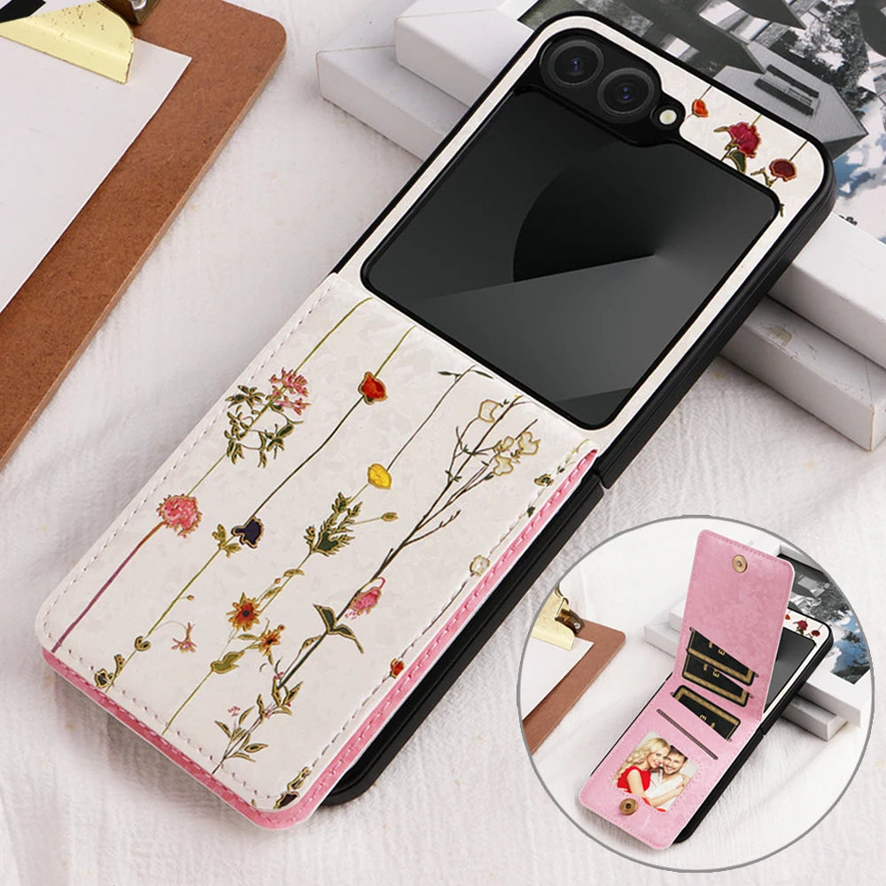 Wallet Double Button Floral Leather Card Coque for Samsung Galaxy Z Flip 7 5G 2025 Luxury Case ZFlip 7 SE Flip7 6 5 Magnet Cover