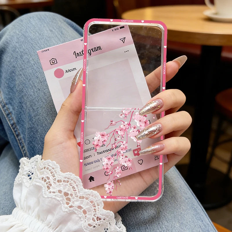 INS Korea Pink Peach Blossoms Phone Case For Samsung Z Flip 7 6 5 4 3 Z Flip7 Girls Flower Hard PC Back Cover Rose Pattern Shell