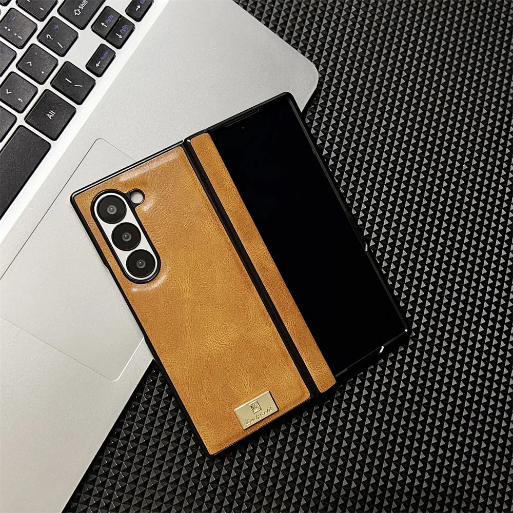 Retro Leather Hard Shell Shockproof Phone Case for Samsung Galaxy Z Fold 6 5 4 3 Fold6 Fold5 Fold4 Fold3 Hinge Protective Cover