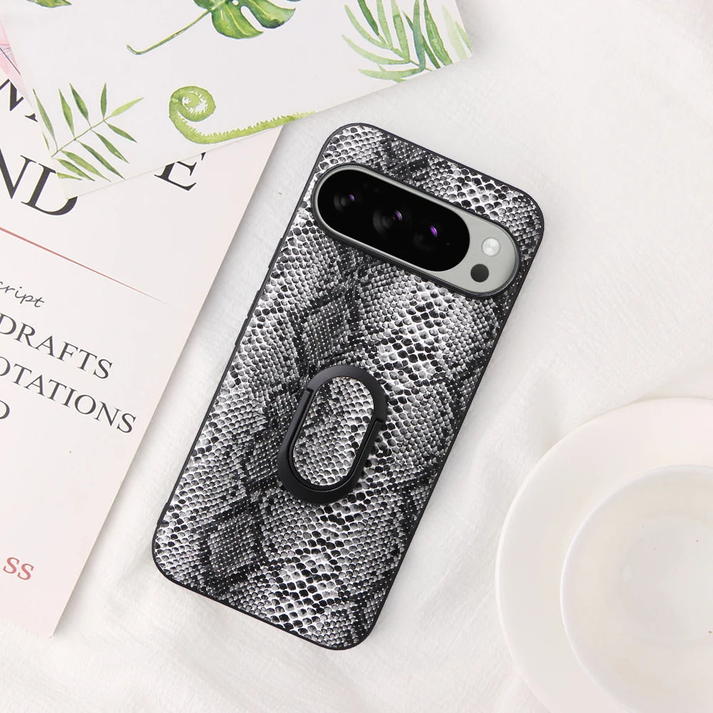 For Google Pixel 10 Pro 8 7 6 9 Pro XL 9A 8A 7A Leather Case With Finger Ring Holder Carbon Fiber Saffiano Leopard Print Cover