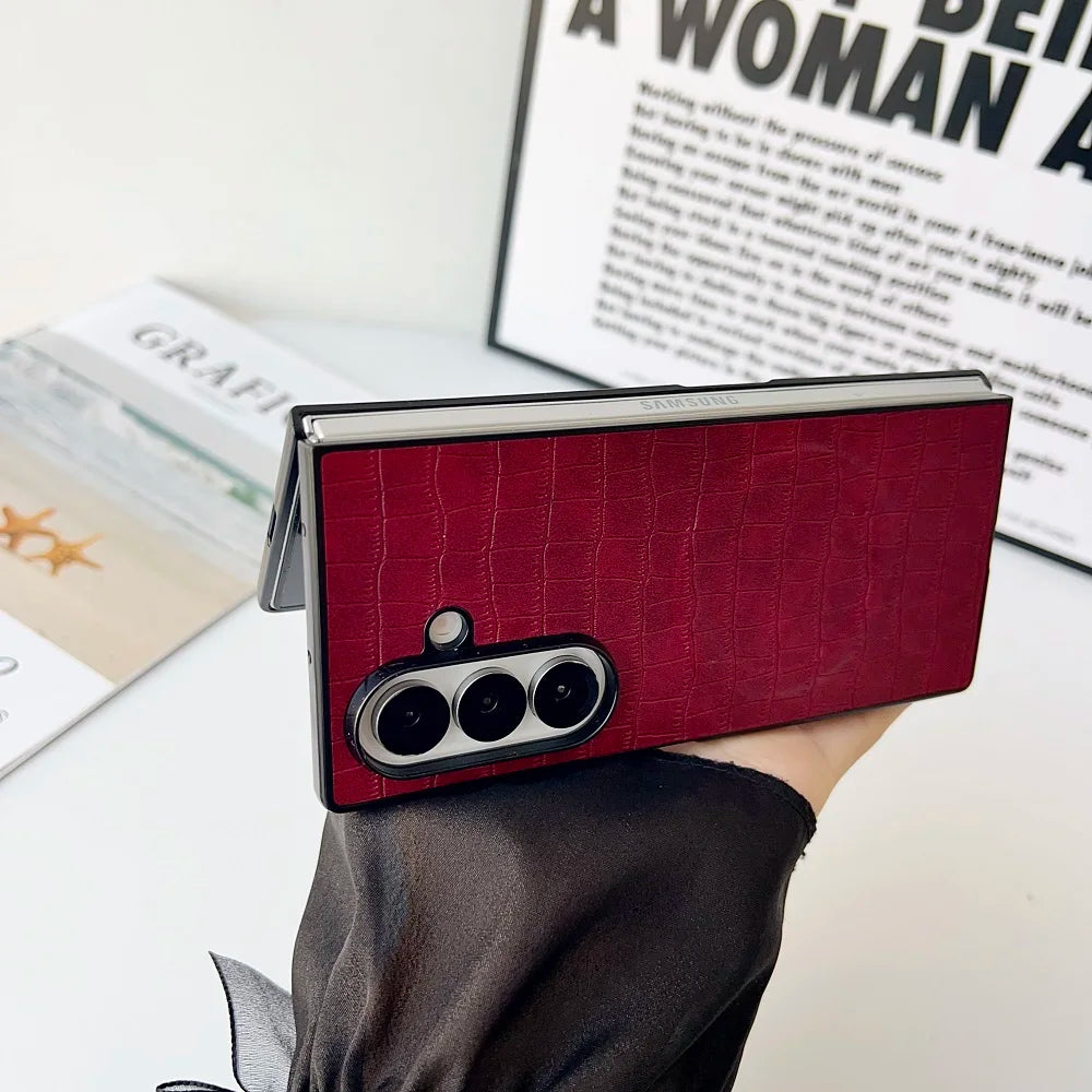 Solid Color Crocodile Pattern PU Leather Phone Case For Samsung Galaxy Z Fold 7 6 5 4 3 For Magnetic Charging Protection Cover