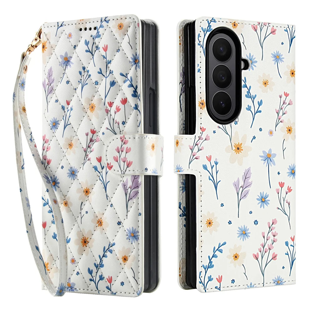 Luxury White Leather Colorful Flowers Wallet Flip Phone Case For Samsung Z Fold 7 6 5 4 5G Soft Wrist Strap Shockproof Cover