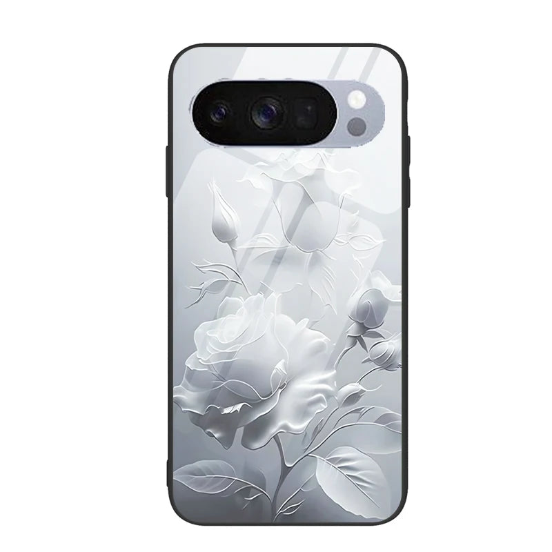 Hard Tempered Glass Case For Google Pixel 10 Pro XL Pixel 9 Protective Cover Flower Pattern Back Shell Fundas