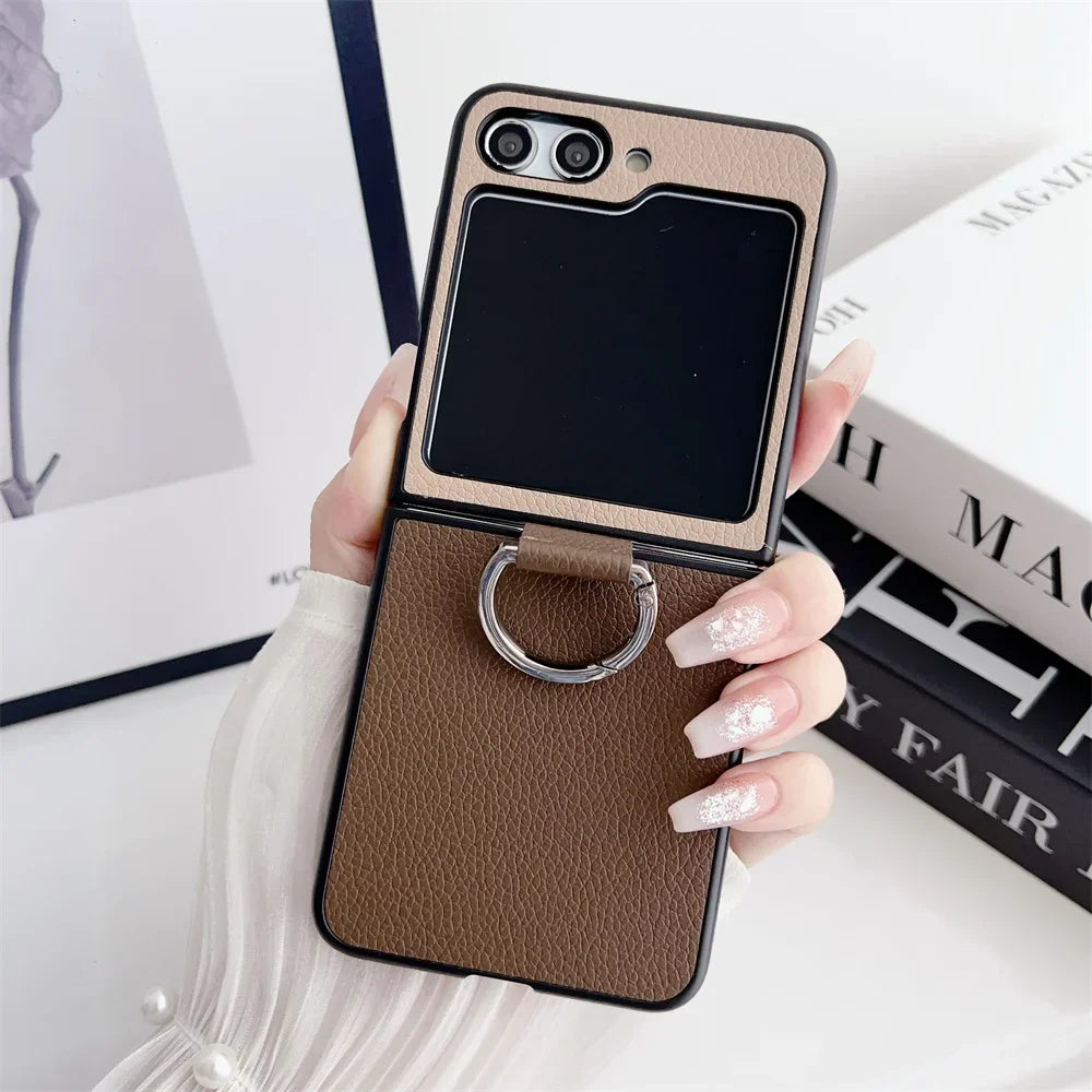 flip 6 Case Double Color Ring Holder Luxury Phone Case for Samsung Galaxy Z Flip 6 5 4 3 2 1 flip6 Flip5 PU Leather Cover