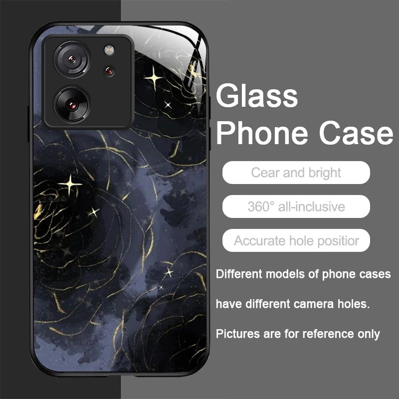 Tempered Glass Phone Case for Motorola Moto G85 G84 G75 G55 G24 Edge 50 Fusion 40 Neo 30 Pro Luxury Black Rose Flower Hard Cover