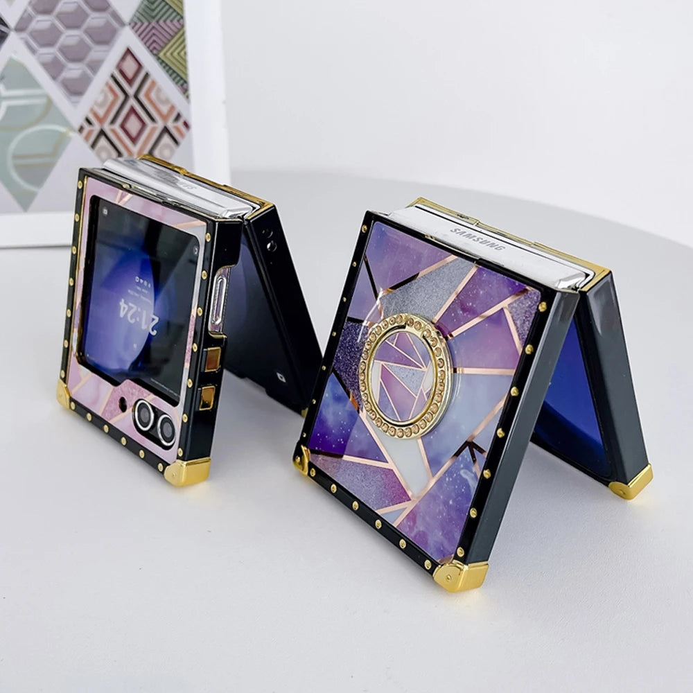 Luxury Glitter Shockproof Geometric Pattern Retro Women Phone Case for Samsung Galaxy Z Flip 7 Flip 6 Z Flip 5 Flip 4 Flip 3