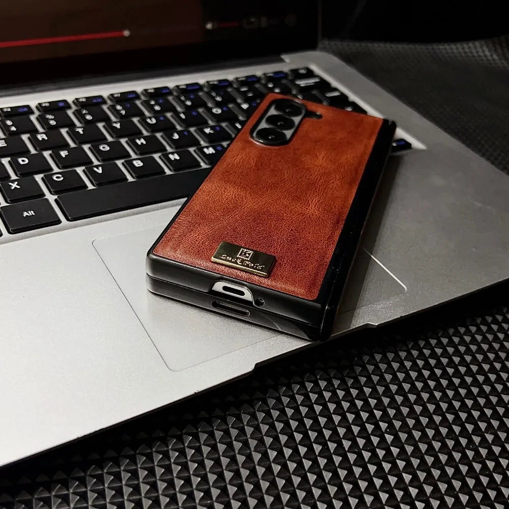 Retro Leather Hard Shell Shockproof Phone Case for Samsung Galaxy Z Fold 6 5 4 3 Fold6 Fold5 Fold4 Fold3 Hinge Protective Cover