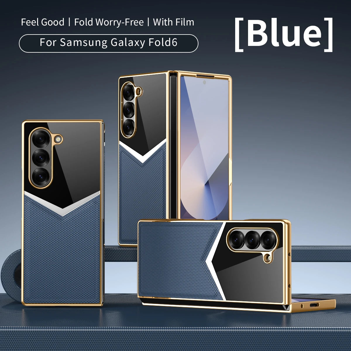 For Samsung Galaxy Z Fold 7 6 5 4 3 Electroplated PC Color Blocked Leather Tempered Film Shockproof Folding Phone Case