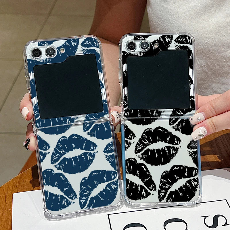 Luxury Kiss Lips Phone Case For Samsung Galaxy Z Flip 6 5 4 3 Metal Buckle Clear TPU Folding Cover For Samsung Z Flip6 Flip5