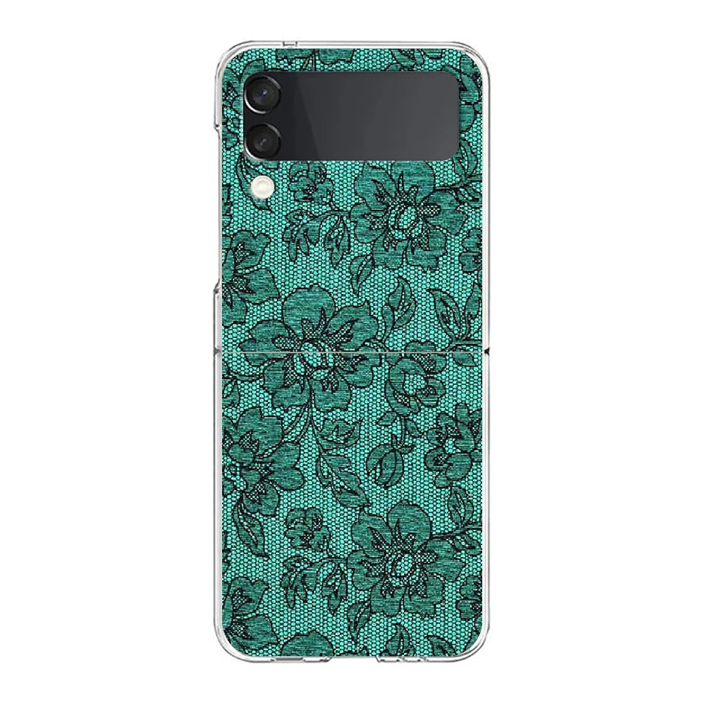 Transparent Phone Case For Samsung Galaxy Z Flip 3 4 5 6 7 Hard Folding PC Z Flip3 Flip4 Cover Lace Printed