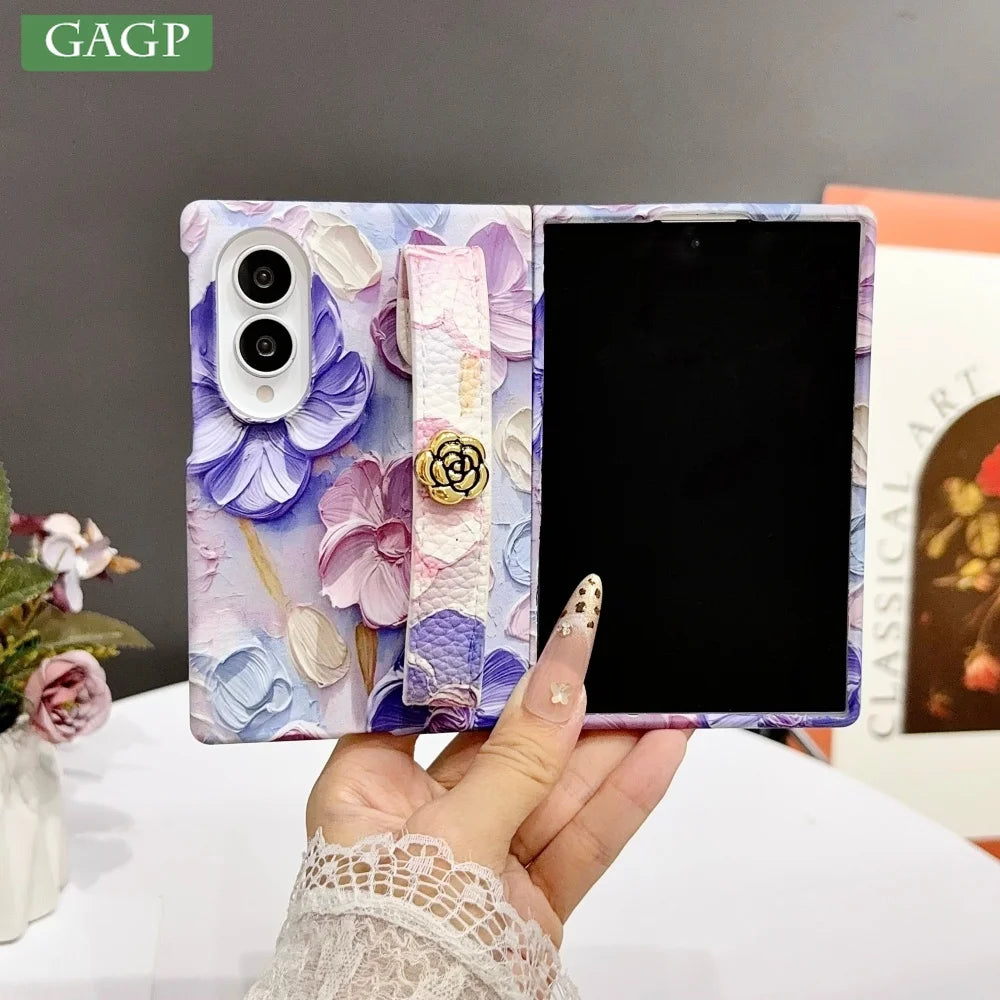 INS Relief Colorful Oil Painting Flower Lanyard All-inclusive Case For Samsung Galaxy Z Fold 8 Ultra Fold 7 Wrist Strap PC Cover