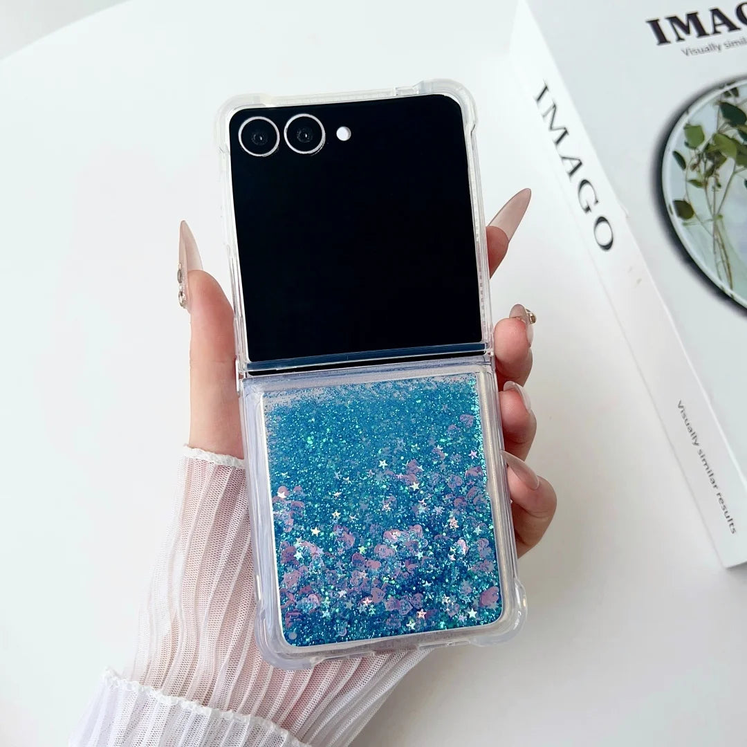 Glitter Quicksand Love Heart Case for Samsung Galaxy Z Flip 6 5 4 3 7 flip6 ZFlip 5 Colorful Bling Shockproof fold back Cover