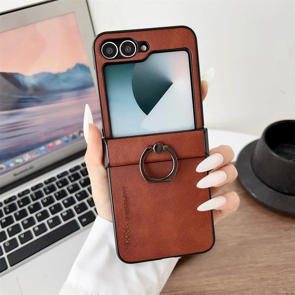 For Samsung Z Flip6 Flip 7 6 5 Luxury Leather Ring Holder Phone Case for Galaxy Z Flip7 Z Flip 5 4 3 3in1 Hinge Protection Cover