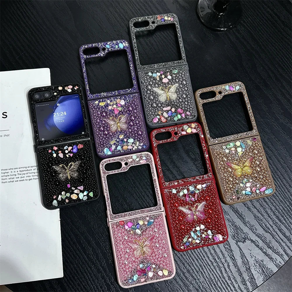 Original Slim Butterfly Jewelled Phone Case For Samsung Galaxy Z Flip 7 6 5 4 3 5G PC Hard Shell Shockproof Protector Back Cover