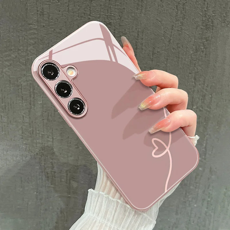 Line heart-shaped electroplated glass phone case suitable for Samsung GalaxyS26 S25 S24 S23 S22 S20S11S10FE/Ultra/Plus anti drop