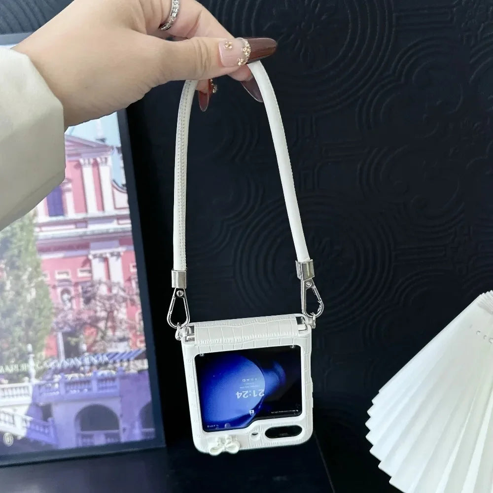 Shockproof Crocodile Pattern PU Leather Bowknot Phone Case for Samsung Galaxy Z Flip 7 FE 6 5 4 3 Wrist Strap Protection Cover