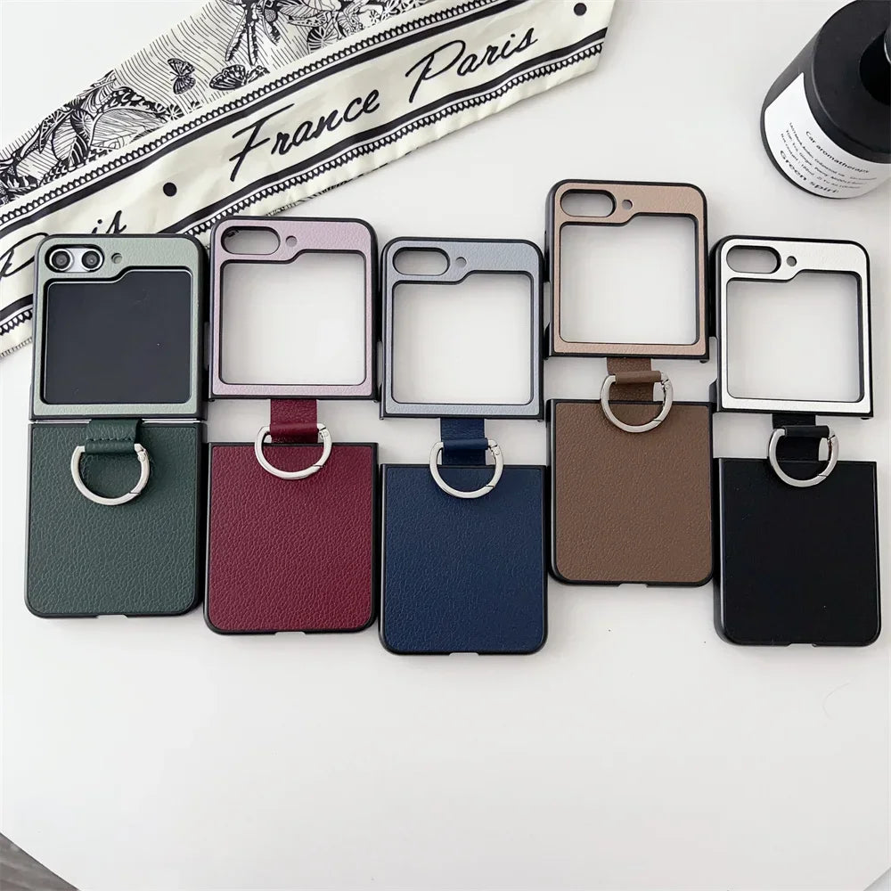 flip 6 Case Double Color Ring Holder Luxury Phone Case for Samsung Galaxy Z Flip 6 5 4 3 2 1 flip6 Flip5 PU Leather Cover