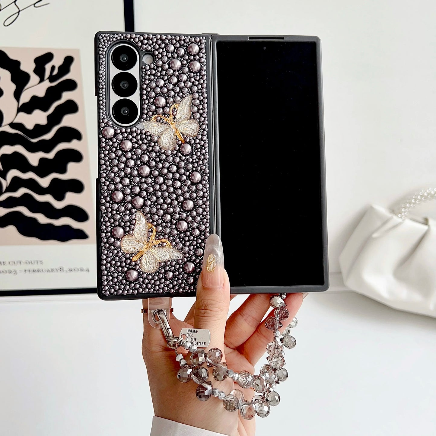 Fashional Crystal Bracelet Pearl Butterfly Phone Case For Samsung Galaxy Z Fold 7 6 5 4 3 Unique Fall prevention Protector Cover